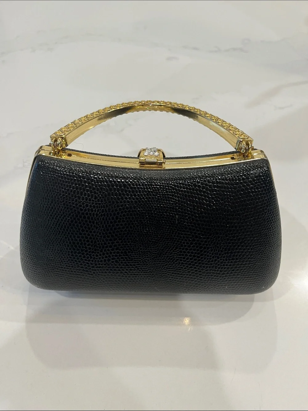 Black Crystal-Accent Evening Top-Handle Clutch